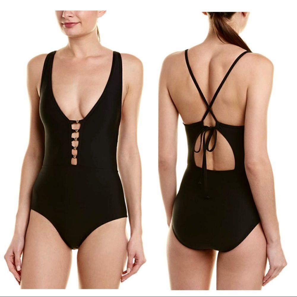 NEW Athena V-Neck Maillot strappy Beads One Piece Swimsuit Sz 10 Black